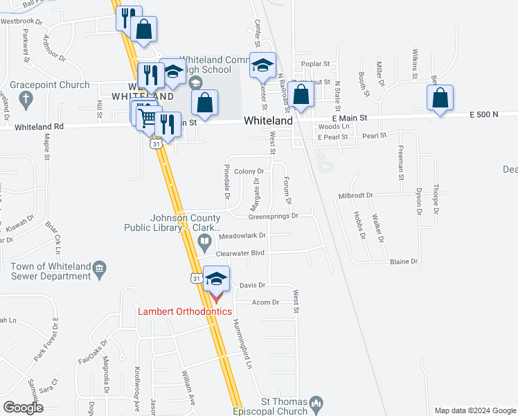 map of restaurants, bars, coffee shops, grocery stores, and more near 229 Margate Drive in Whiteland
