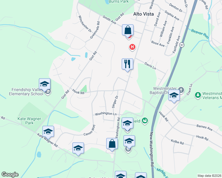 map of restaurants, bars, coffee shops, grocery stores, and more near 76 Hook Road in Westminster