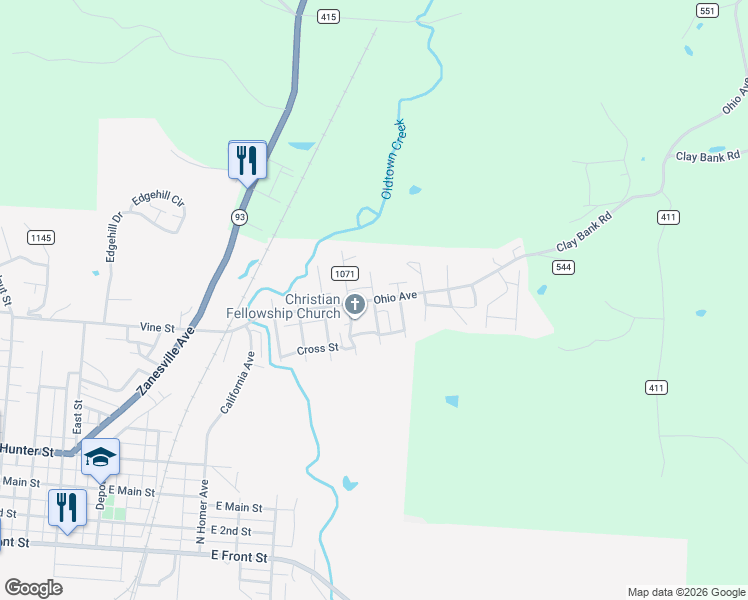 map of restaurants, bars, coffee shops, grocery stores, and more near County Road 14 in Logan