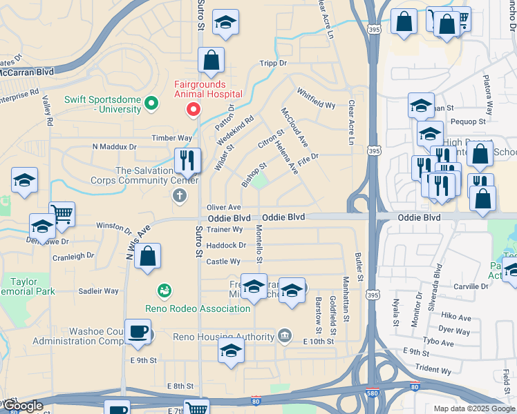 map of restaurants, bars, coffee shops, grocery stores, and more near Oliver Street in Reno