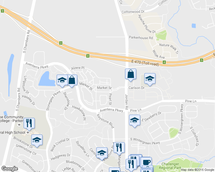 map of restaurants, bars, coffee shops, grocery stores, and more near 16700 Las Ramblas Lane in Parker