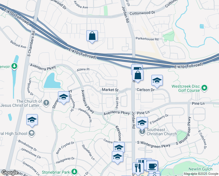 map of restaurants, bars, coffee shops, grocery stores, and more near 16600 Las Ramblas Lane in Parker
