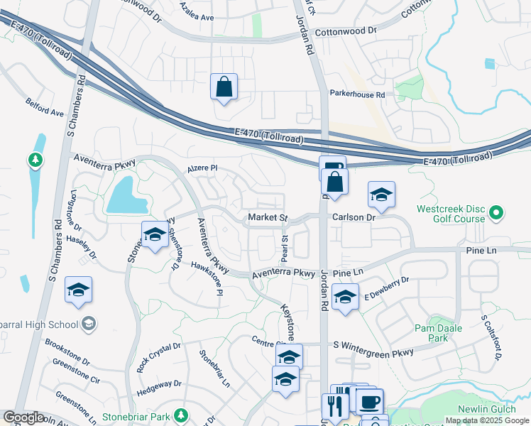 map of restaurants, bars, coffee shops, grocery stores, and more near 16600 Las Ramblas Lane in Parker