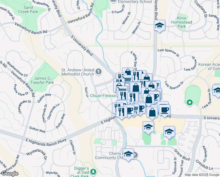 map of restaurants, bars, coffee shops, grocery stores, and more near 9362 Loggia Street in Highlands Ranch