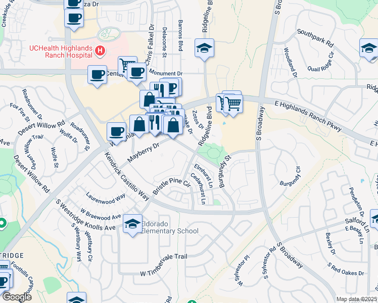 map of restaurants, bars, coffee shops, grocery stores, and more near 9351 Dorchester Street in Highlands Ranch