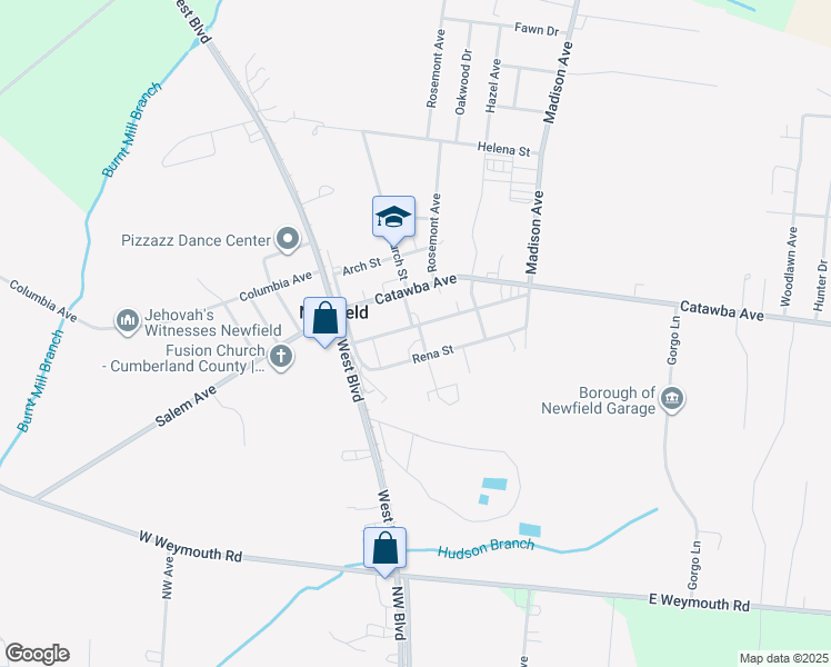 map of restaurants, bars, coffee shops, grocery stores, and more near 11 Pearl Street in Newfield