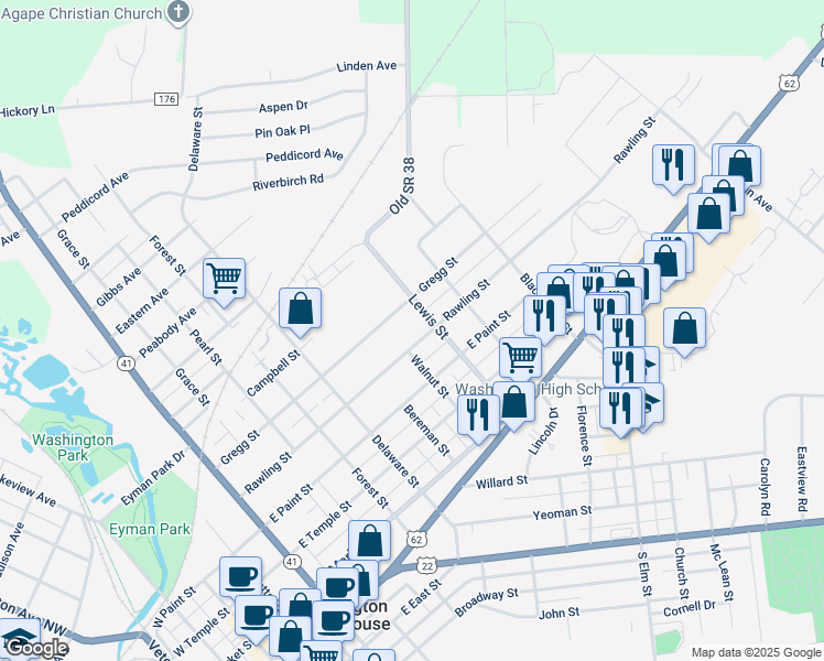 map of restaurants, bars, coffee shops, grocery stores, and more near 920 Rawling Street in Washington Court House