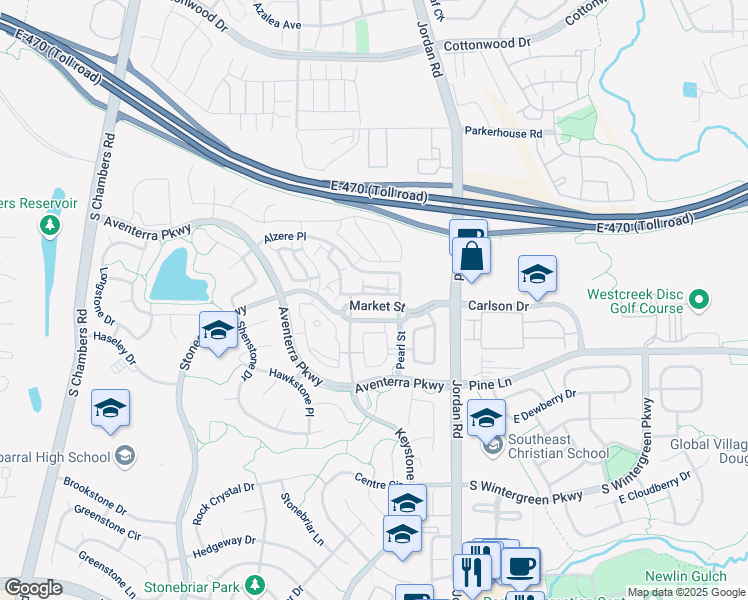 map of restaurants, bars, coffee shops, grocery stores, and more near 16650 Las Ramblas Lane in Parker