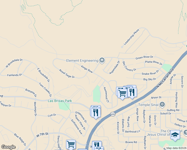 map of restaurants, bars, coffee shops, grocery stores, and more near 3990 Kings Row in Reno