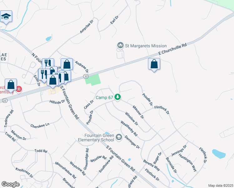 map of restaurants, bars, coffee shops, grocery stores, and more near 1800 Prindle Drive in Bel Air