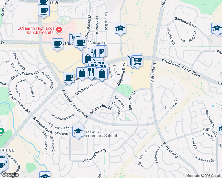 map of restaurants, bars, coffee shops, grocery stores, and more near 9365 Dorchester Street in Highlands Ranch
