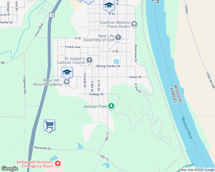 map of restaurants, bars, coffee shops, grocery stores, and more near 1399 South 6th Street in Atchison