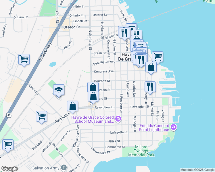 map of restaurants, bars, coffee shops, grocery stores, and more near 625 Fountain Street in Havre de Grace