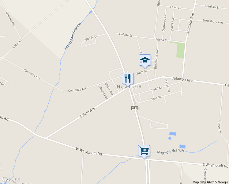 map of restaurants, bars, coffee shops, grocery stores, and more near 110 Salem Avenue in Newfield