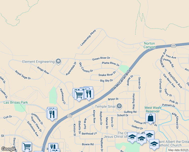map of restaurants, bars, coffee shops, grocery stores, and more near 3414 Snake River Drive in Reno