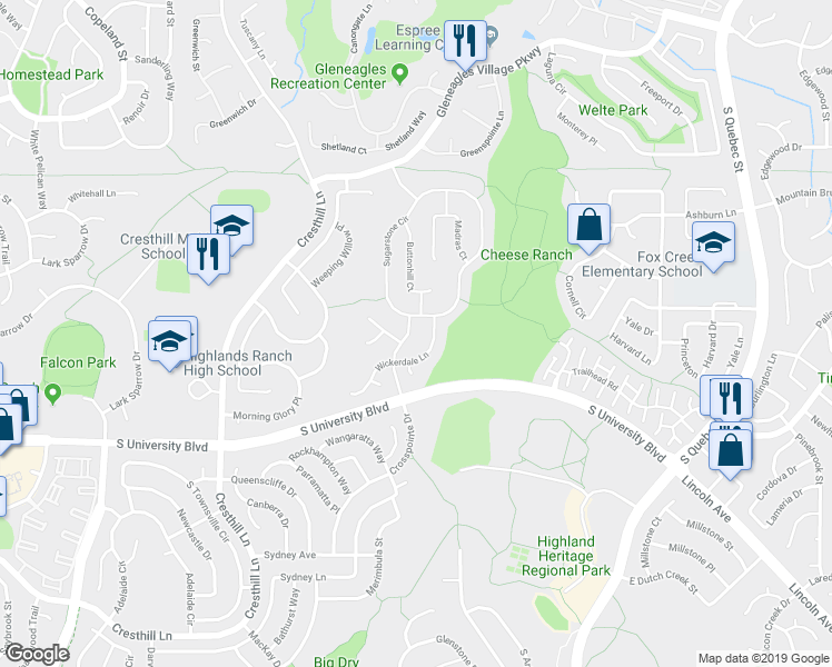 map of restaurants, bars, coffee shops, grocery stores, and more near 9348 Crosspointe Dr in Highlands Ranch
