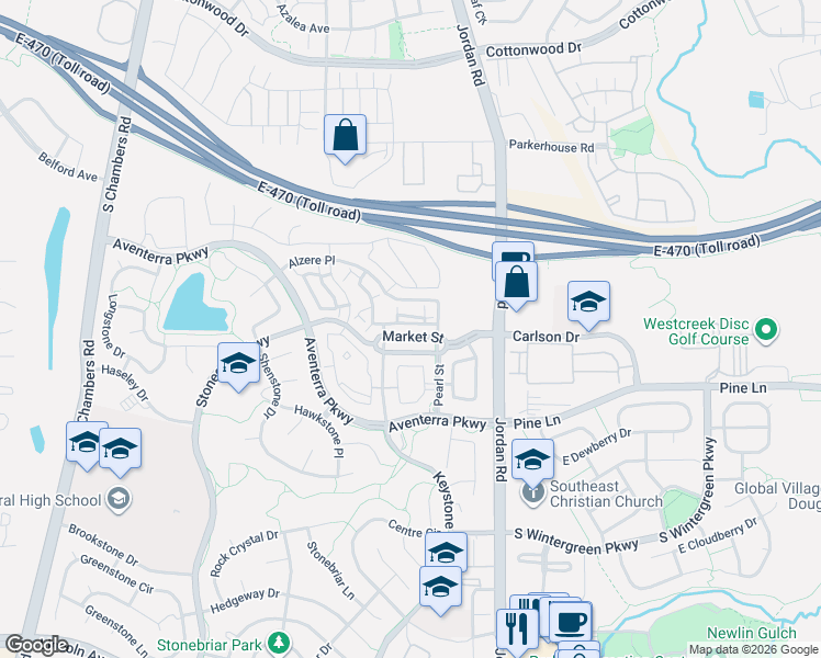 map of restaurants, bars, coffee shops, grocery stores, and more near 16650 Las Ramblas Lane in Parker