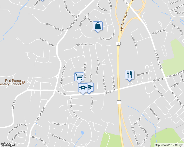 map of restaurants, bars, coffee shops, grocery stores, and more near 1323 Vanderbilt Road in Bel Air