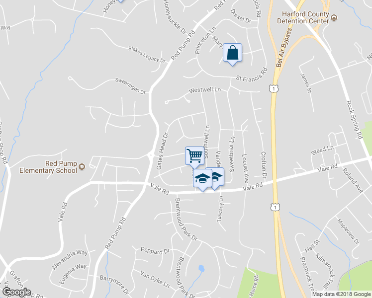 map of restaurants, bars, coffee shops, grocery stores, and more near 610 Yankee Doodle Drive in Bel Air