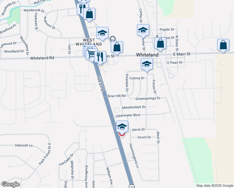 map of restaurants, bars, coffee shops, grocery stores, and more near 370 Briar Hill Drive in Whiteland