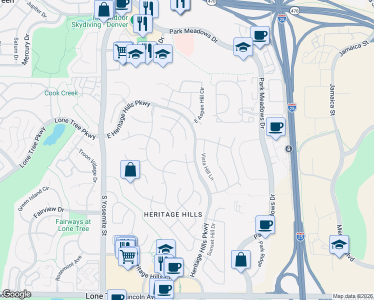 map of restaurants, bars, coffee shops, grocery stores, and more near 9328 South Silent Hills Drive in Lone Tree