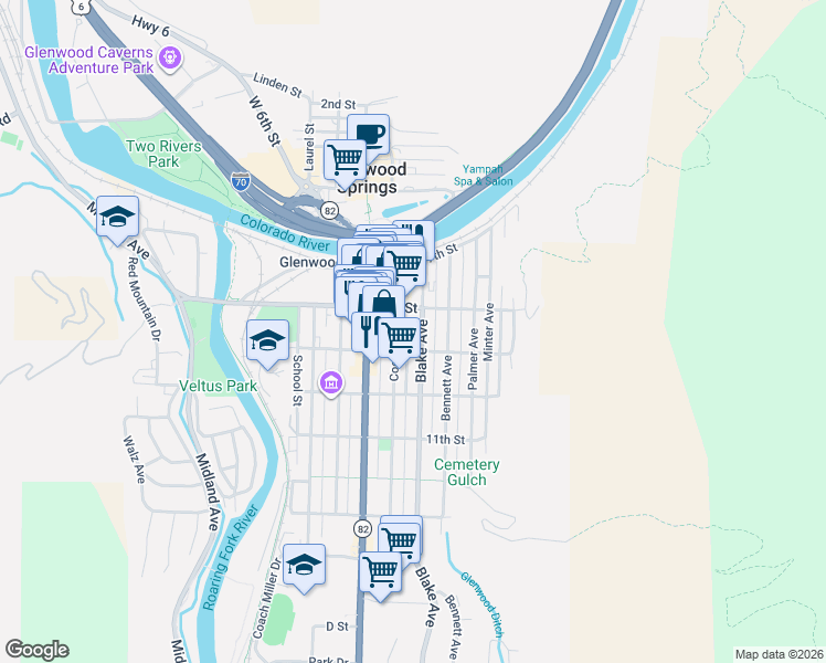 map of restaurants, bars, coffee shops, grocery stores, and more near 806 Cooper Avenue in Glenwood Springs