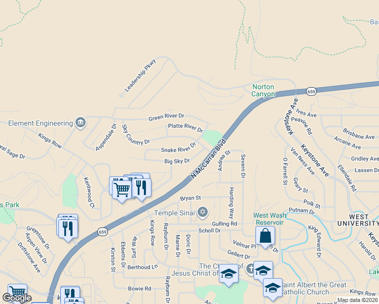 map of restaurants, bars, coffee shops, grocery stores, and more near 3326 Snake River Drive in Reno