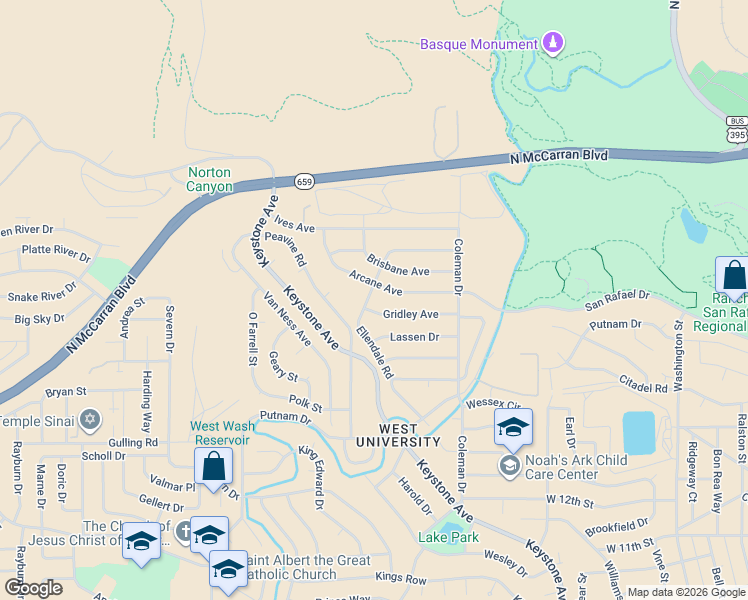 map of restaurants, bars, coffee shops, grocery stores, and more near 2350 Ellendale Road in Reno