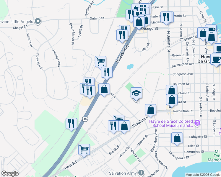 map of restaurants, bars, coffee shops, grocery stores, and more near 251 Lewis Lane in Havre de Grace