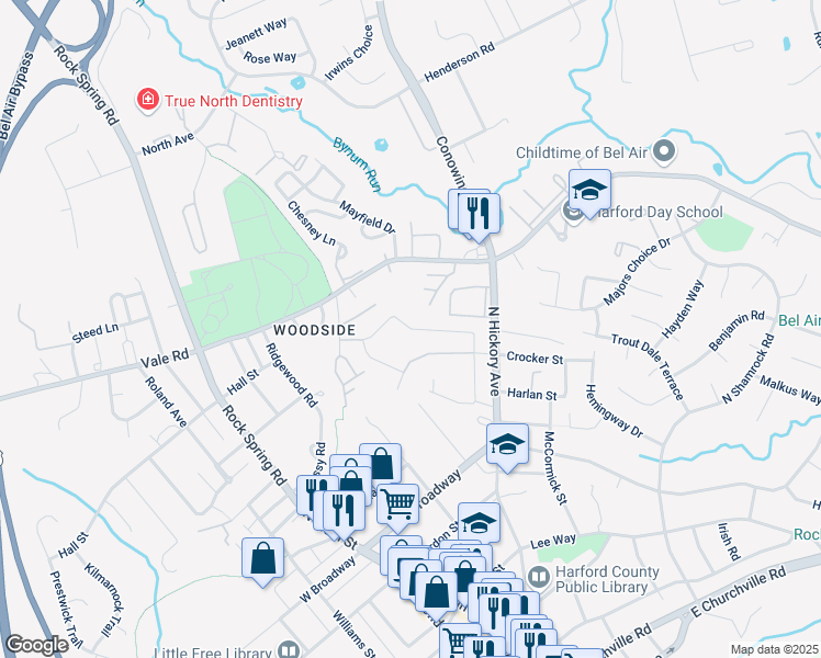 map of restaurants, bars, coffee shops, grocery stores, and more near 106 Donzen Drive in Bel Air
