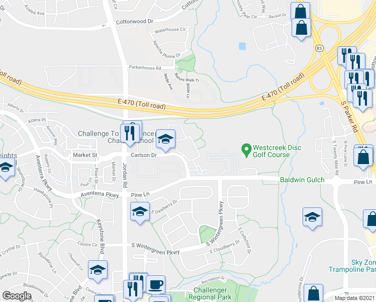 map of restaurants, bars, coffee shops, grocery stores, and more near 17125 Carlson Drive in Parker
