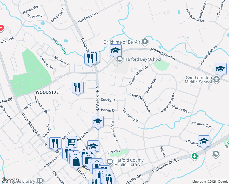 map of restaurants, bars, coffee shops, grocery stores, and more near 355 McCormick Street in Bel Air