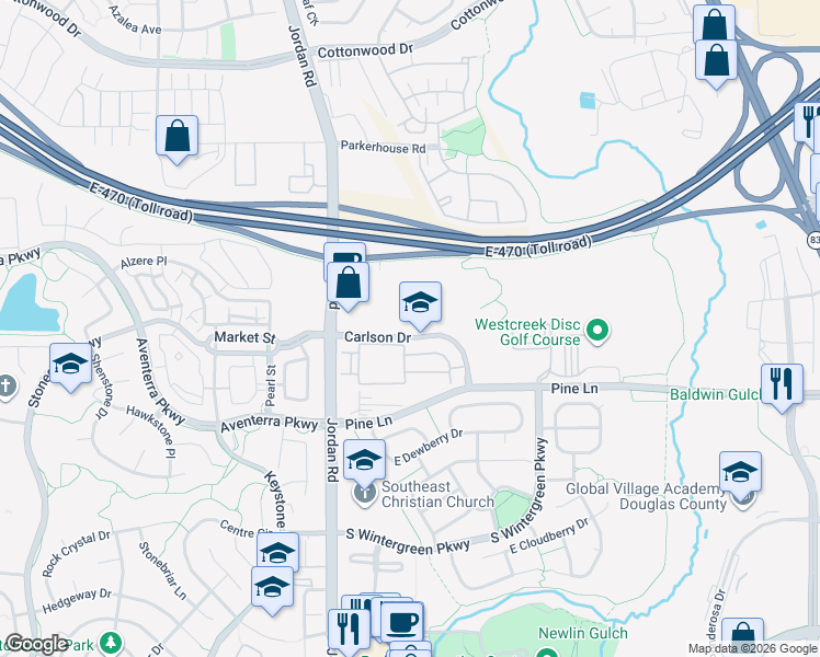 map of restaurants, bars, coffee shops, grocery stores, and more near 17025 Carlson Drive in Parker