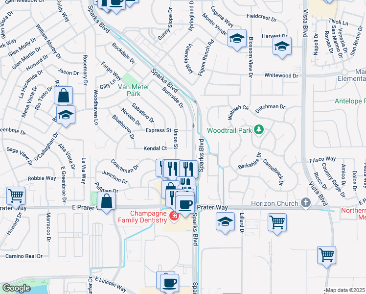 map of restaurants, bars, coffee shops, grocery stores, and more near 1391 Burnside Court in Sparks
