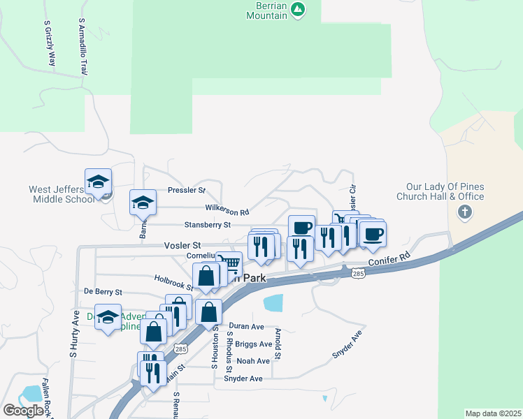 map of restaurants, bars, coffee shops, grocery stores, and more near 9417 Aldrich Road in Conifer