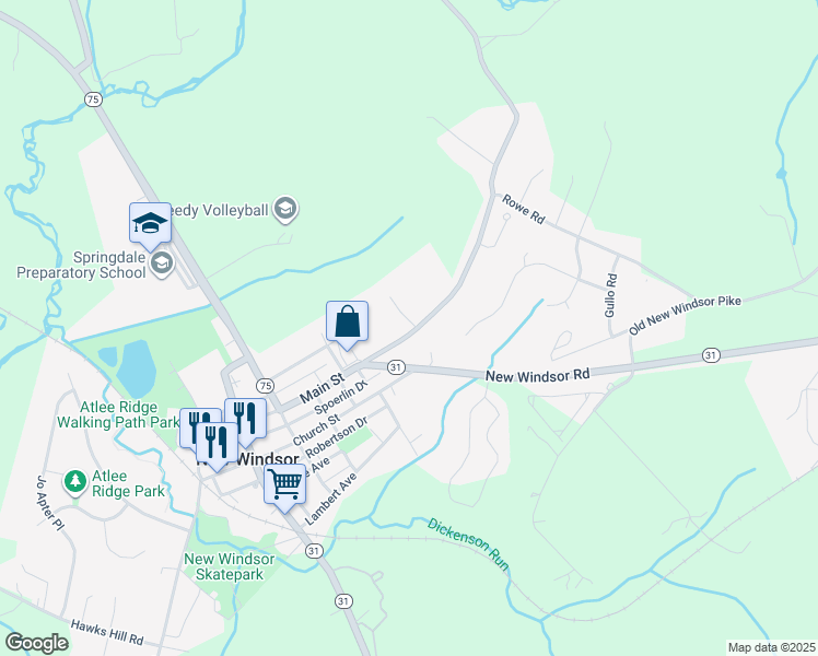 map of restaurants, bars, coffee shops, grocery stores, and more near 104 Springdale Road in New Windsor