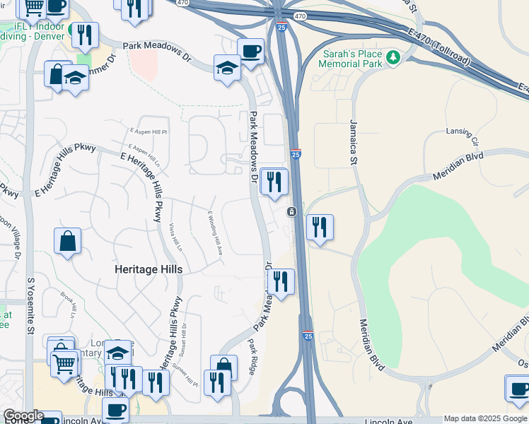 map of restaurants, bars, coffee shops, grocery stores, and more near 9830 Station Street in Lone Tree