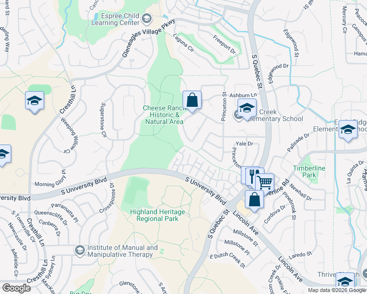 map of restaurants, bars, coffee shops, grocery stores, and more near 9354 Morning Glory Lane in Littleton