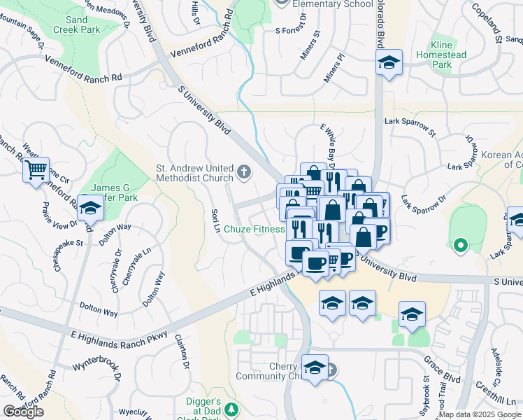 map of restaurants, bars, coffee shops, grocery stores, and more near 9362 Loggia Street in Highlands Ranch