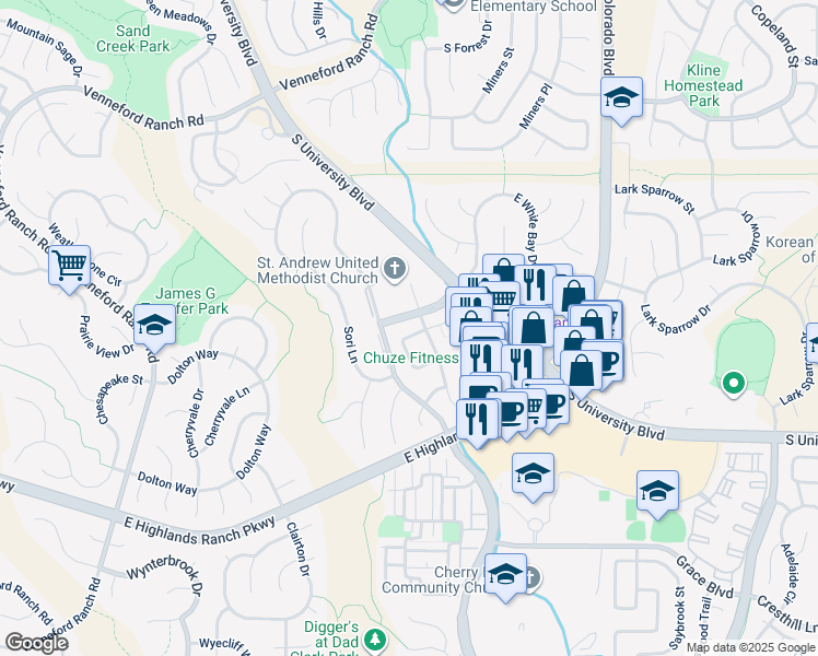 map of restaurants, bars, coffee shops, grocery stores, and more near 3401 Cascina Circle in Highlands Ranch