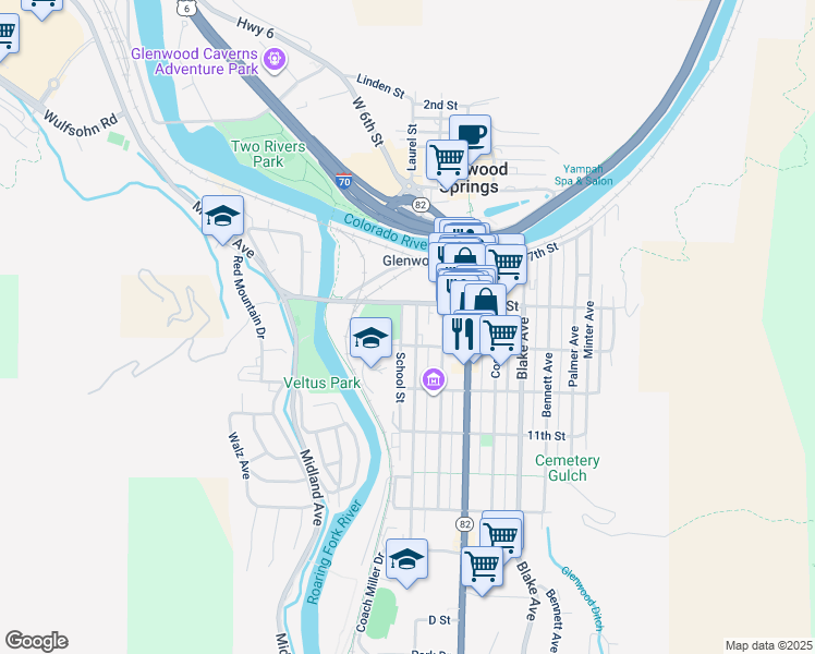 map of restaurants, bars, coffee shops, grocery stores, and more near in Glenwood Springs