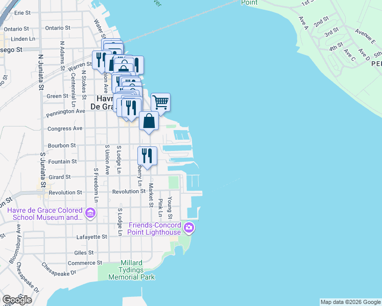 map of restaurants, bars, coffee shops, grocery stores, and more near 100 Bourbon Street in Havre de Grace