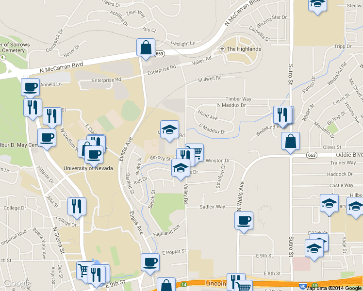 map of restaurants, bars, coffee shops, grocery stores, and more near 1933 Valley Road in Reno