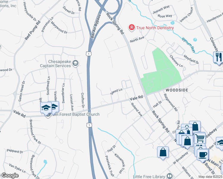 map of restaurants, bars, coffee shops, grocery stores, and more near 206 Steed Lane in Bel Air