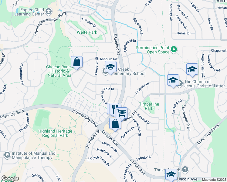 map of restaurants, bars, coffee shops, grocery stores, and more near 6632 Yale Drive in Littleton