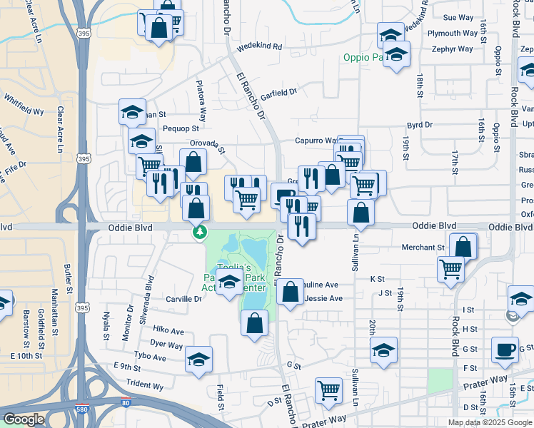 map of restaurants, bars, coffee shops, grocery stores, and more near 2300 Oddie Boulevard in Sparks