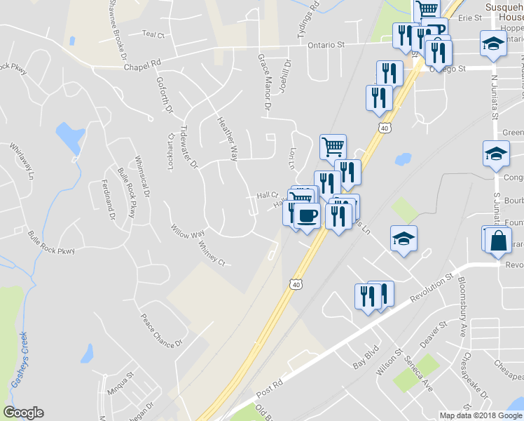 map of restaurants, bars, coffee shops, grocery stores, and more near 585 Hall Court in Havre de Grace