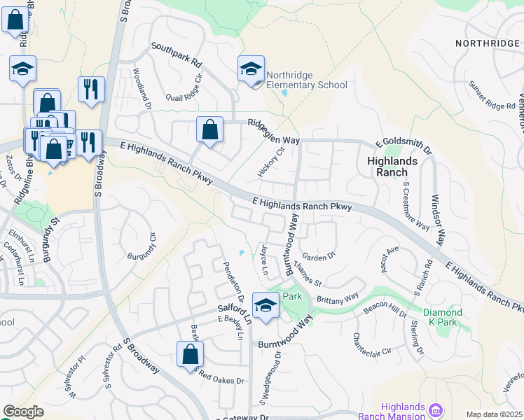 map of restaurants, bars, coffee shops, grocery stores, and more near 647 Walden Court in Littleton