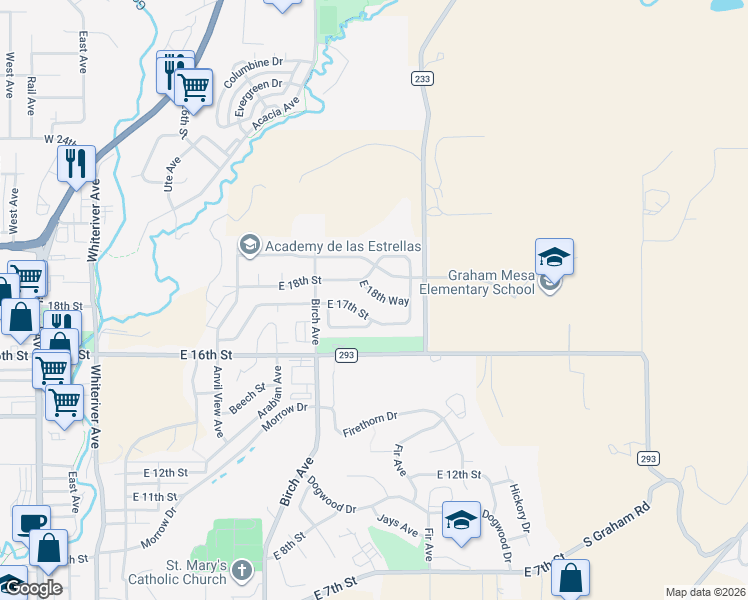 map of restaurants, bars, coffee shops, grocery stores, and more near 1225 East 18th Way in Rifle