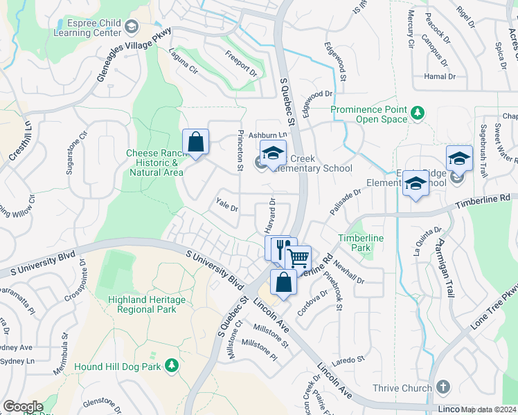 map of restaurants, bars, coffee shops, grocery stores, and more near 6532 Yale Drive in Littleton